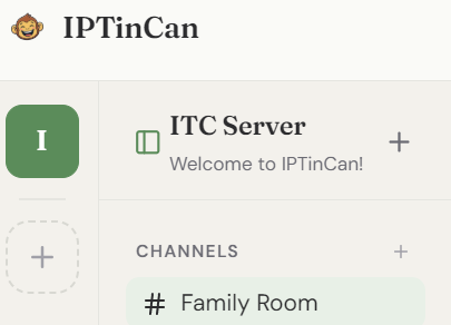 The server rail open, showing the server icon and the dashed plus (Add a server) tile below it